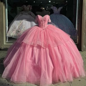 Roze Glanzend Quinceanera Jurken Mexicaanse Uit de Schouder Baljurk Kralen Kristal Prinses Lange Sweet 16 Prom Dress 15 jaar