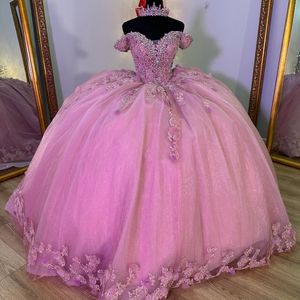 Robes De Quinceanrea rose brillant, chérie XV, perles en dentelle appliquées, cristal, douce 16 princesse, robe De 15 Quinceanera, 2024