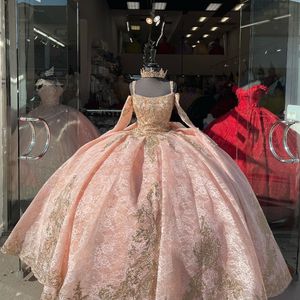 Rose brillant Spaghetti sangle Appliques dentelle Corset à manches longues Quinceanera robes robe de bal robe de princesse robes de 15 quinceanera