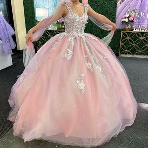 Roze Glanzende Sweetheart Quinceanera Jurk Kant Applique Pailletten Kralen Met Cape Mexicaanse Sweet 16 Vestidos De XV 15 Anos