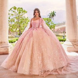 Rose brillant chérie Quinceanera robe princesse robe De bal Tulle Appliques perles avec Cape douce 15 16 robe robes De 15 Anos