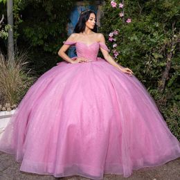 Rose brillant Tulle chérie Quinceanera robes hors de l'épaule perles dentelle arc robe de bal doux seize robe robes vestidos de 15