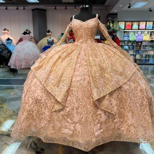 Robe De bal perlée rose brillante, col en v, robes De Quinceanera, perles appliquées en or, douce 16 robes De concours De 15 ans
