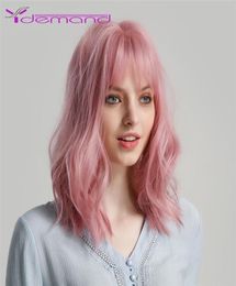 Pink Short Bob Bob Body Wave Synthetic Wom Women039s Cosplay Wig con Bangs2429730
