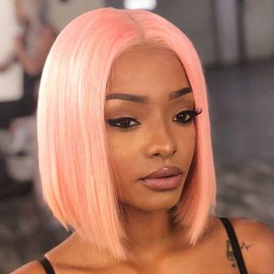 Perruque Bob Lace Front Wig brésilienne lisse rose, cheveux naturels, coupe courte, densité 180, pour femmes
