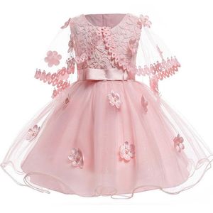 Robes de filles de fleur courtes roses avec des appliques 3D robes de petite fille pour le mariage robe de communion d'enfants gonflés en tulle
