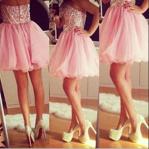 Vestidos de boas-vindas curtos rosa com contas Vestido de baile de strass sweet 16 vestidos curtos mini vestidos formatura tule rosa vestidos de coquetel