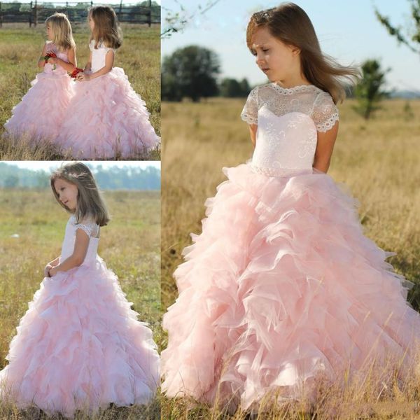 Mangas cortas rosadas Vestidos para niñas de flores Niños Cuello transparente Con gradas Vestido largo y lindo para niñas Vestido de fiesta de cumpleaños de organza y encaje para niños