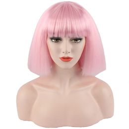 Pink Short Hair Fashion Lady Sexy Sexy Natural Fluffy Role Player Wig Synthetic Hair Short Bob Hair Short White Femme Idéal pour la fête de travail quotidienne Cosplay