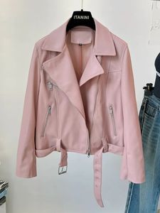 Roze korte synthetische leren jas voor dames mini 2024 lente gemakkelijk bijpassende casual fietsjas high street cool Amerikaanse mode 240208