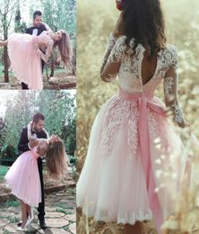 Robes de mariée courtes roses robe de mariée avec des appliques de dentelle manches longues col en V longueur au genou ruban une ligne sur mesure robe De Novia grande taille estido