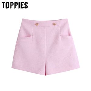 Roze shorts vrouwen tweed knoppen korte broek zoet 210421