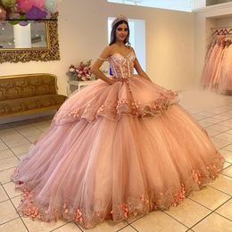 Roze schouder Bluh Off Quinceanera Dree Vetido De 15 Ano 3D bloem kant applique gelaagde tule formele Prins verjaardag partij jurk speciale gelegenheid