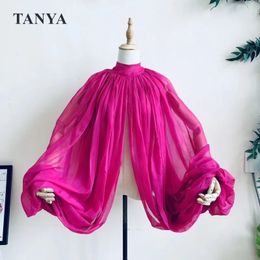 Roze zijden chiffon bruiloftsmantel gezwollen mouwen jas bruidsaccessoires korte bolero sjaal vrije maat hoge hals met knopen 240108