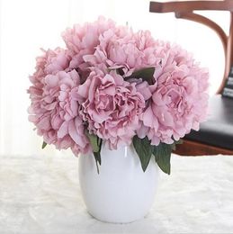 Flores artificiales de hortensias de seda rosa, flores de boda para novia, peonía floreciente de seda a mano, flores falsas, decoración blanca para el hogar 12