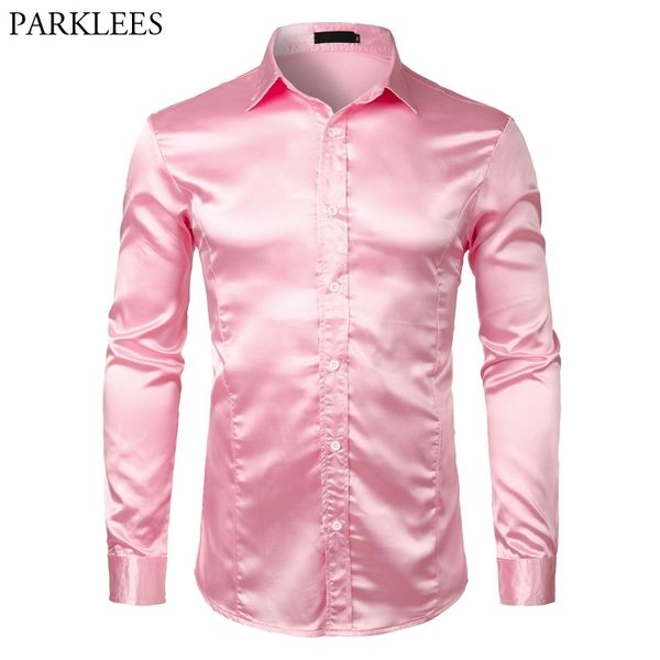 Chemise de luxe en satin de soie rose pour hommes, marque Slim, manches longues, Tuxedo, mariage, Club, fête, danse, bal, Camisas 210721