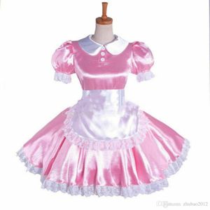 Pink Sissy Maid Satin Dress Uniform Vergrendbare op maat gemaakte cosplay 2701