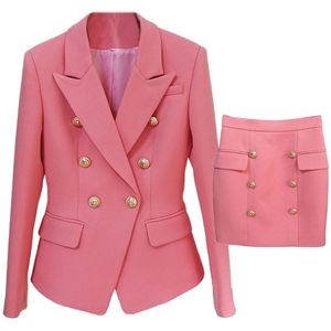 Roze rok blazer pakken mode goud dubbele breasted knoppen blazers potlood rokken slanke twee stukken sets van hoge kwaliteit 220302