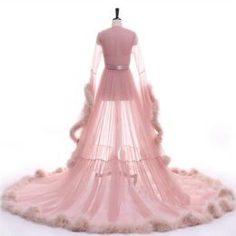Roze Nachtkleding Vrouwen Badjas Nepbont Veer Nachtjapon Bruids Gewaad Bruid Bruidsjurken Petite Plus Size Custom Made349M