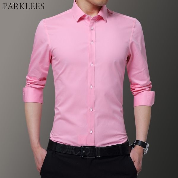 Pink Slim Fit Long manga larga camisas de vestir para hombre Spring Tamaño grande 8xl Camisa para hombres Casco de negocios formales Boda de boda 210522