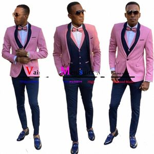 Rose Slim Fit Hommes Costume Bleu Marine Revers Slim Fit Marié Costume De Mariage Boyfriend Prom Party Tuxedo 3 Pièces Veste + Gilet + Pantalon Terno 136z #