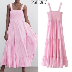 Rose Slip Midi femme robe d'été à volants sans manches Sexy plage longues robes femmes décontracté dos nu robes d'été 210519