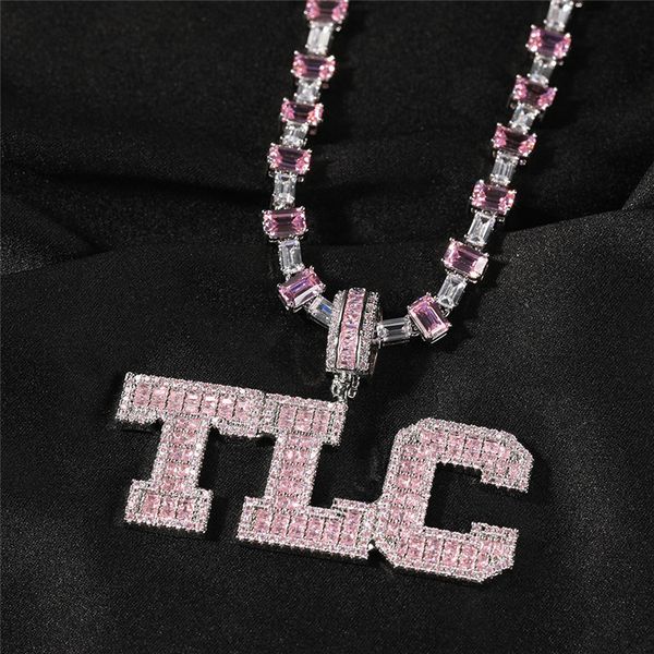 Collar de letras de empalme de circonio cuadrado pequeño rosa con cadena de diamantes colgante de nombre personalizado regalo de joyería ostentosa