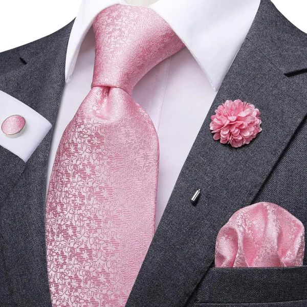 Cravate de mariage en soie florale solide rose pour hommes bouton de manchette Handky boutonnière hommes cravate Design de mode fête d'affaires Dropship HiTie 240123