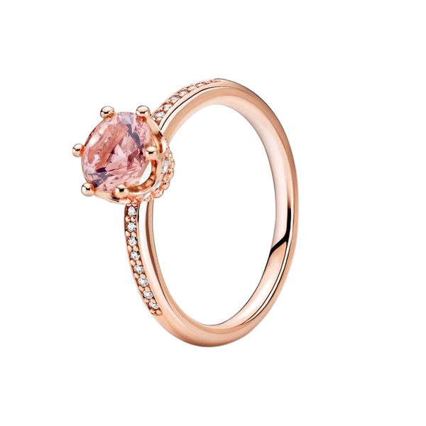 Anillo solitario con corona brillante rosa en oro rosa con caja original para Pandora Joyería de boda de plata esterlina auténtica para mujeres y niñas Conjunto de anillos de compromiso