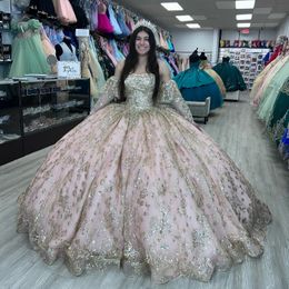 Roze sprankelende Quinceanera jurk uit de schouder kralen gouden applicaties kant strik baljurk verjaardag formele partij jurk Robes de soiree