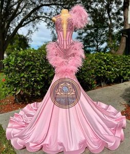 Robes de cérémonie de bal de forme sirène rose scintillantes pour femmes de luxe diamant cristal plume robe de soirée africaine vestido de noche