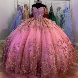 Rose scintillant princesse Quinceanera robes robe de bal robe d'anniversaire or Applique dentelle Tulle à lacets doux 16 robes robes de 15
