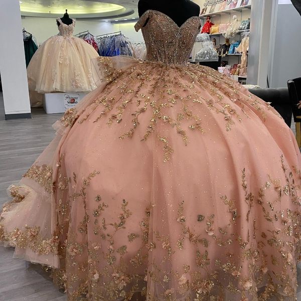 Rose brillant princesse Quinceanera robes fleur perles robe de bal robe d'anniversaire Tulle à lacets doux 16 robes vestidos de 15