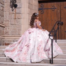 Rose scintillant chérie Quinceanera robes robe de bal hors de l'épaule perles cristal applique 3DFlower à plusieurs niveaux doux robes de 15 filles