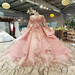 Pink Special dubai robes de soirée gonflées Robes de Quinceanera col haut manches longues en tulle lacets dos robes de soirée peuvent faire pour m230k