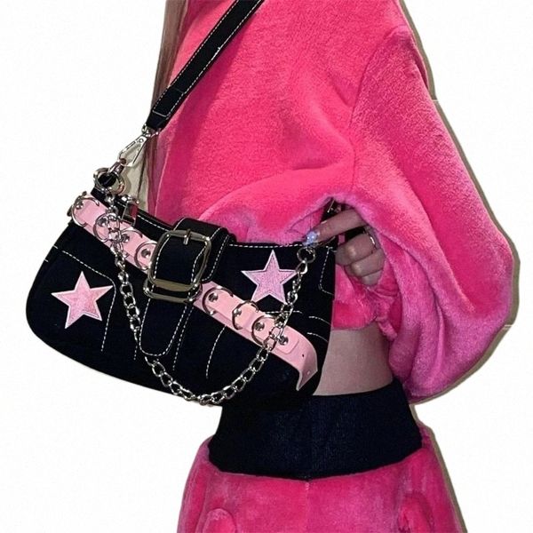 Chaîne en métal étoile rose Fi Denim Sac Cool Dark Harajuku Style Sac pour femme Sac sous les bras Fourre-tout Sacs à main Baguett Q6LN #