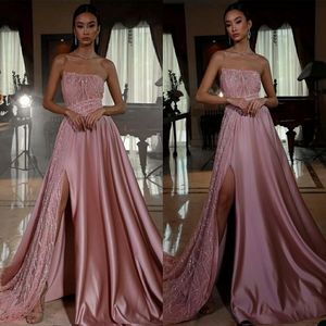 Robes de soirée sirène rose sans bretelles diamant sur mesure Sexy côté fendu longues robes de bal robes de