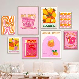 Cócteles de tarjeta de limón de fresa rosa Cócteles de bebidas de bebidas RETRO PINTURA Sala de estar Corredor Arte de pared de la pared Decoración de bares de cocina 240424