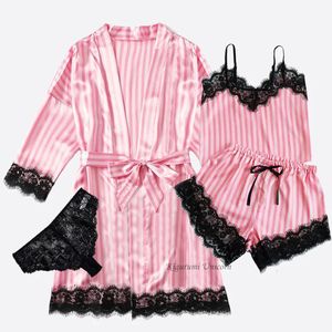 Robe à rayures roses et pyjamas ensembles femmes en satin en dentelle en dentelle en dentelle d'été