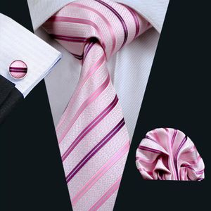 Cravate en soie à rayures roses ensemble Hanky boutons de manchette hommes cravate Jacquard tissé affaires ensemble décontracté cravates formelles N-02282533