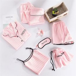 Roze Gestreepte Pyjama Zijde Satijn Femme Pyjama Set 7 Delige Set Stitch Lingerie Gewaad Pyjama Vrouwen Nachtkleding Moeder Pjs KPaCotAkoWka 21203O