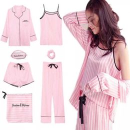 Roze Gestreepte Pamas Zijde Satijn Femme Pama Set 7 Stuks Lingerie Gewaad Pyjama Vrouwen Nachtkleding Pjs SH190905