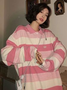T-shirt à rayures roses Femmes printemps automne à manches longues surdimensionnées surdimensionnées Tops de mode coréenne Fashion Preppy Style Sweet Kawaii Sweatshirts 240328