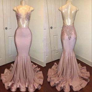 Roze prachtige stoffige, long kristallen kristallen Mermaid prom jurken spaghetti riemen backless avondjurken formeel feestkleding ba8240