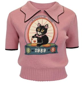 Roze stijlvolle trui dames gebreide t-shirt 2024 zomer cartoon borduurwerk korte mouw teten gebreide kleding elegante mode chique jumpers