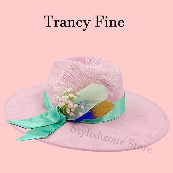 Suede rose Fedora 9,5 cm de largeur de bord de large mariage Felt Jazz Hat Jazz Classic Church Party Hat 240401