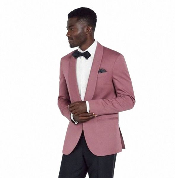 Traje rosa abrigo chal cuello chaqueta pantalones 2 piezas chaqueta pantalones negros ropa de boda para hombres conjuntos de hombres a medida ropa de fiesta traje V5Wj #