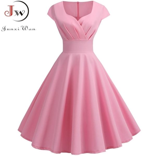 Robe d'été rose Femmes V Cou Big Swing Vintage Robe Femme Élégant Rétro Pin Up Party Bureau Midi Robes Plus Taille 210409