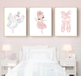 Pink Swan Princess Nursery Wall Art Canvas Painting Ballerina Affiches et imprimés Nordic Kid Baby Girl Room Decor Picture6638551