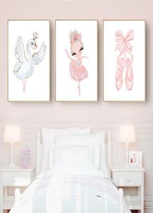 Pink Swan Princesa Nursery Wall Art Canvas Pintura Balderina Ballerina Carteles y estampados Nórdicos Decoración de la sala de la niña
